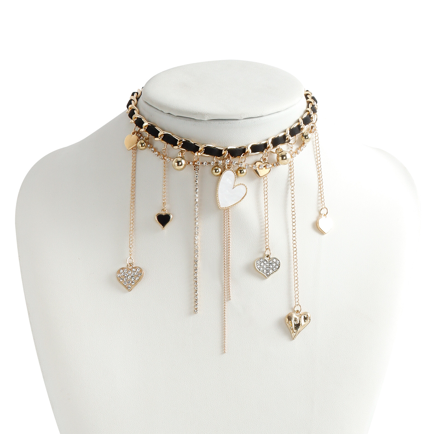 Fashion Trend Bead Tassel Heart Pendants Choker Necklace For Women Gold Plated Zinc Alloy Layered Chain Crystal Luxury Party Birthday Gifts Jewelry