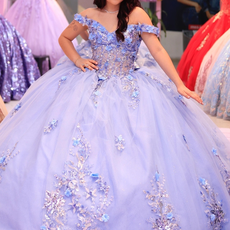 Light Lavender Sparkly Princess Quinceanera Dresses 2024 Off Shoulder Applique Lace Beads Tull Corset Gillter vestido de 15 Sweet 16 Dress