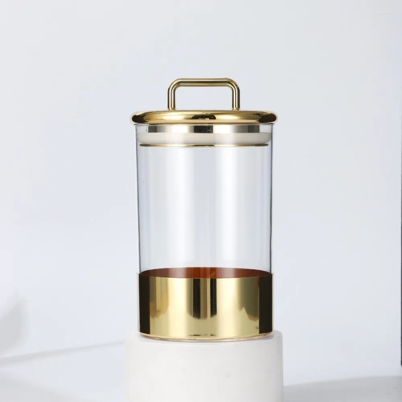 Storage Bottles Grains Moisture-proof Box Transparent Glass Dry Goods Jar Gold Cover Kitchen Household Sealed