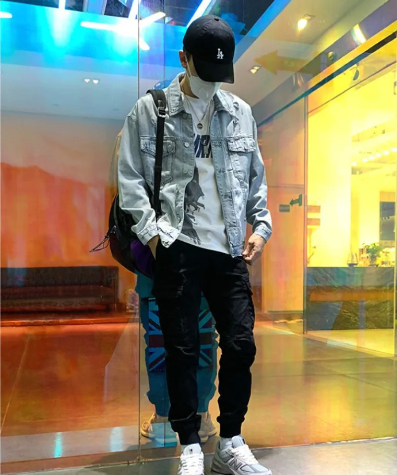 Fashion cartoon pattern denim jacket mens streetwear trend hole casual loose jeans jacket top 240906