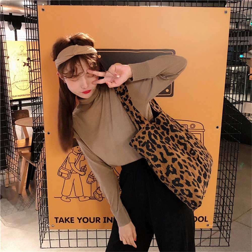 Female Ins Autumn and Winter Leopard Print Chic Korean Corduroy Shoulder Canvas Bag Shopping Tote Bag Womens Shopper Bag Bolsas Z240910