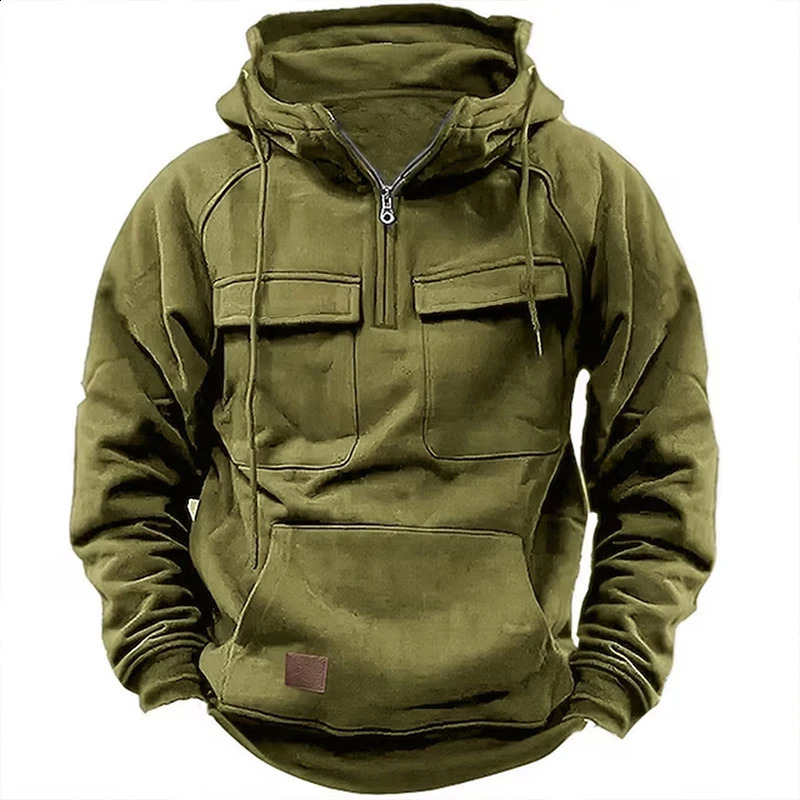Mens casual hooded sweatshirt with solid color zipper collar and multiple pockets combat workwear top outdoor sports zipper 240909