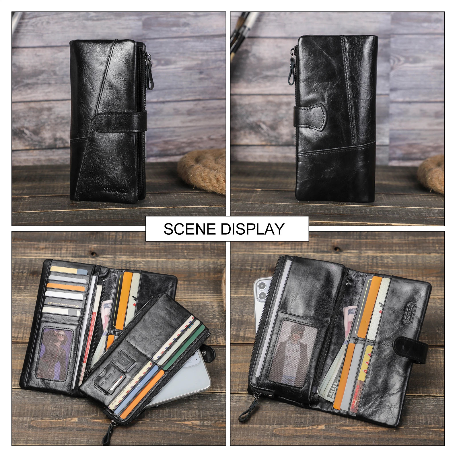 CONTACT leather mens long wallet coin with phone pocket zipper clutch Portfel small 240910