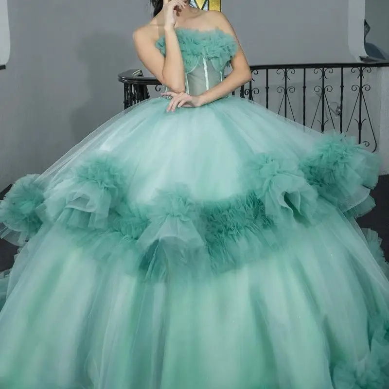 Light Green Quincenara Dresses Off The Shoulder Champagne Tull Tiered Quinceanera XV Sweet 16 Dress Ball Gown Vestidos De 15