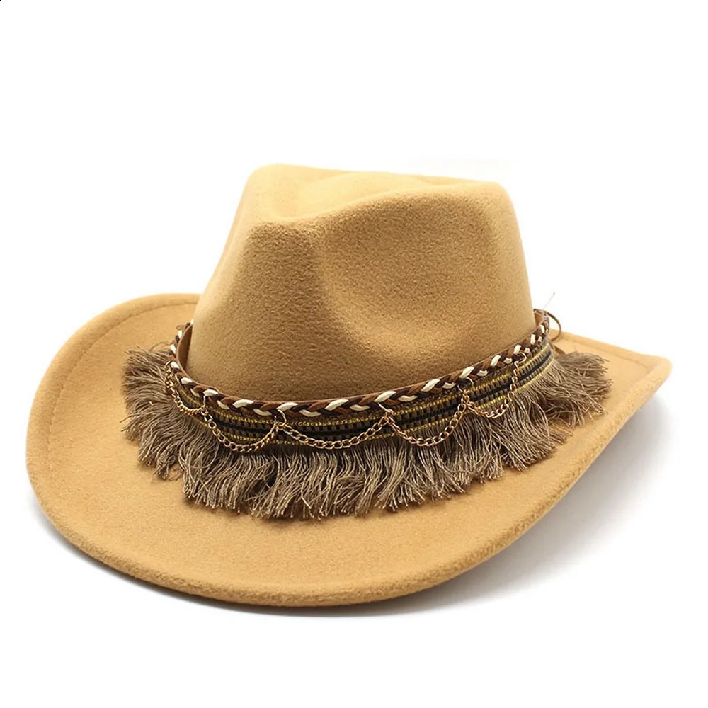 Womens and Mens Tassel Jazz Hat Wool 57-58cm Ethnic Style Curve Brim High Quality Cowboy Hat NZ0062 240909