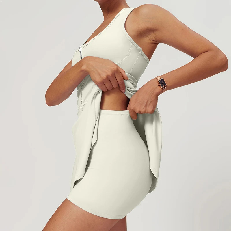Zipper Sleeveless Tennis Dress Women One-Pieces Fitness Sports Sets Push-up Workout Tracksuits With Chest Pads Yoga Suits 240902