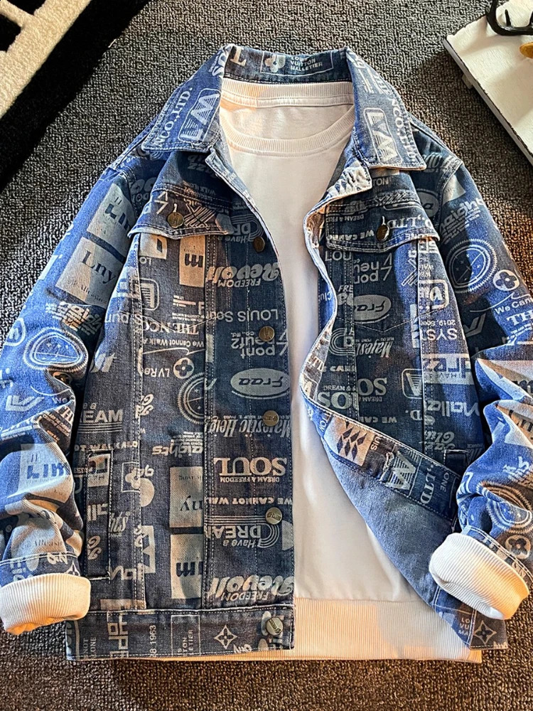 Mafokuwz Printing Mens Denim Jacket Spring and Autumn Fashion Youth Handsome Korean Street Denim Jacket 240906