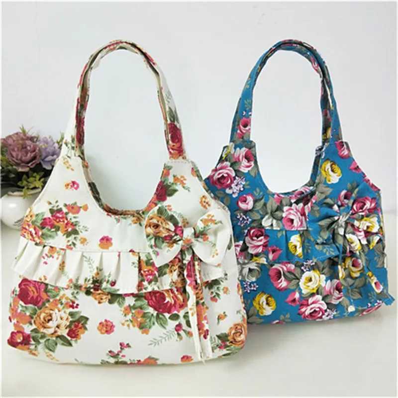 Women Canvas Handbag Bow Shoulder Bag Female Flower Printed FAshion Small Canvas Bag Mobile Phone Bag Coin Purse Mini Bag Z240910