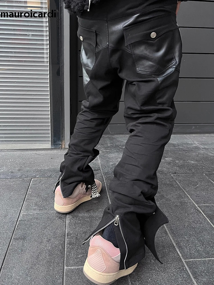 Mauroicardi Spring Autumn Long Black Patchwork Pu Leather Pants Men with Many Zippers Clothing Trousers Fashions 240905