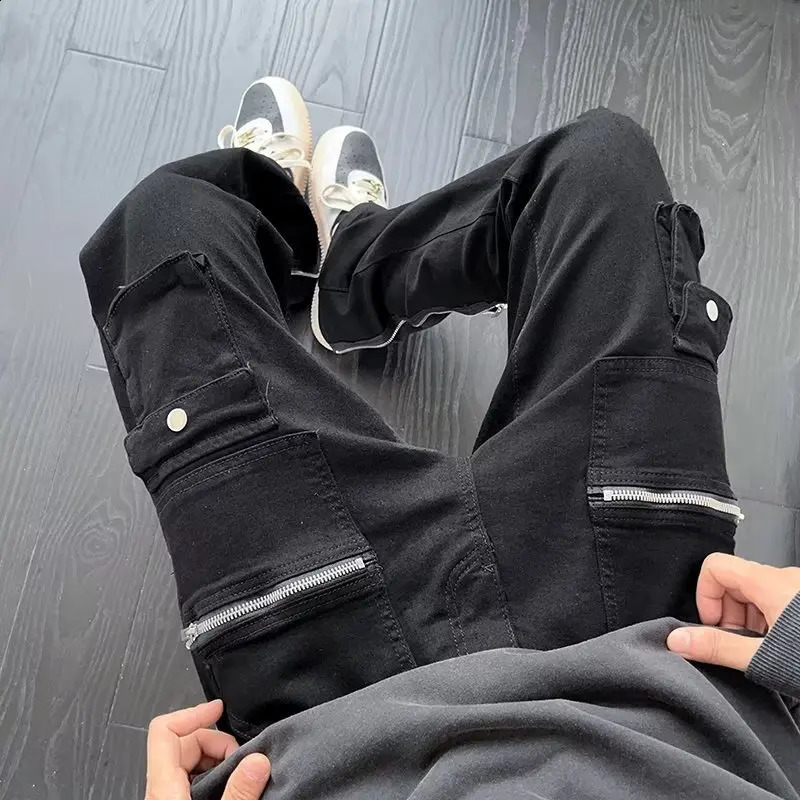 Y2K fashion zipper black flange jeans mens cargo pants er clothing straight solid casual pants Ropa Hombre 240902