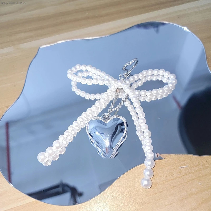 Korean Sweet Pearl Bow Keychain Heart Pendant Keychain Y2K Fashion Keyholder Girls Bag Pendant Accessories ww 240914