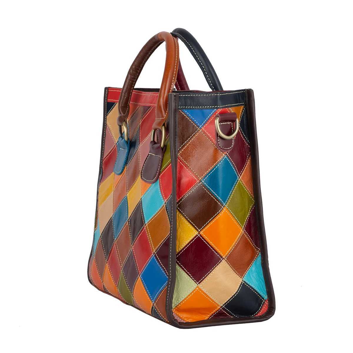 CMM Oil Wax Leather Cowhide Plaid Splicing Color Random Contrasting Casual Personality Handbag Tote Bag Women s 240910