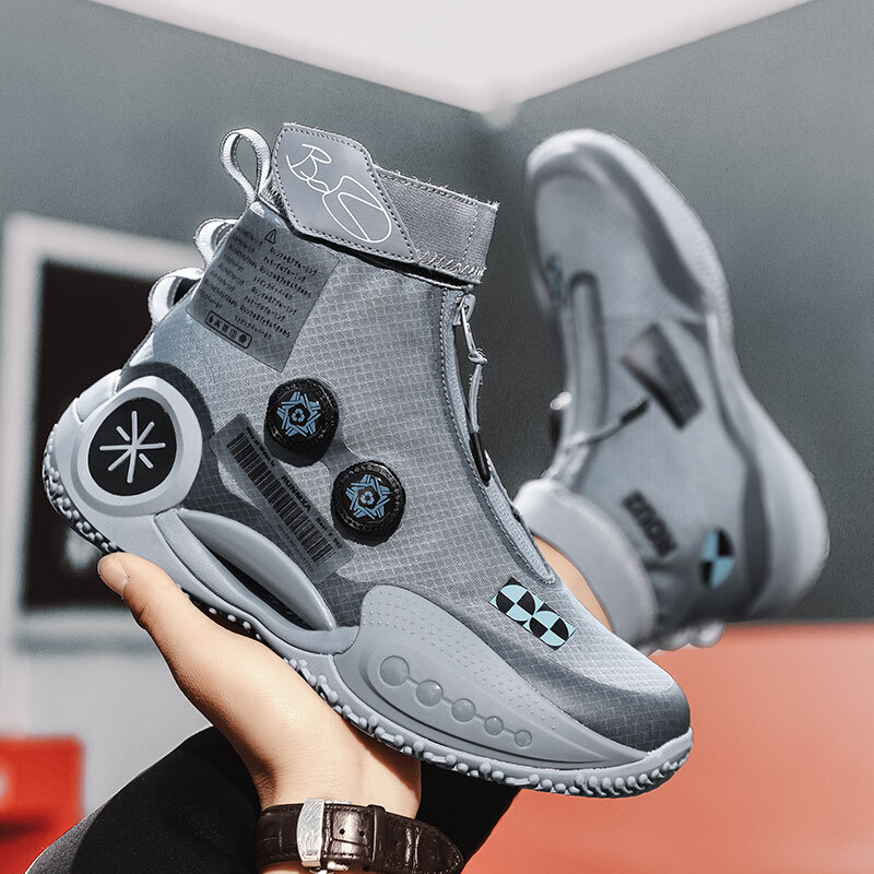 Brand logo: Professional men's outdoor style sports shoes, knitted breathable high top women's basketball shoes