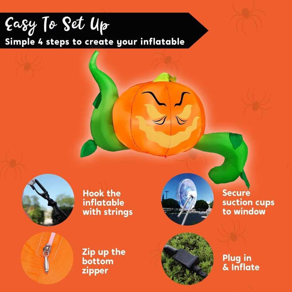 Halloween window decoration with built-in LED inflatable pumpkin head with tentacles and Halloween party supplies on the outsideX240910