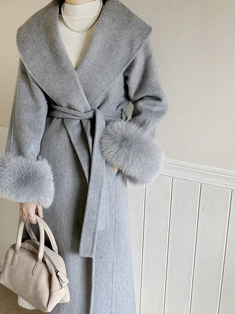 Lanmrem Fox Fur High end Wool Coat Womens Big Collar Double sided Belt Coat Womens Clothing Winter 2DA2595 240909
