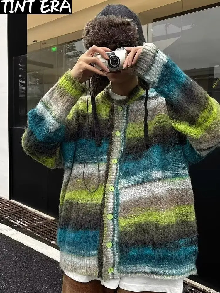 Striped Knitted Sweater Coat Men Japanese Y2K Oversize Casual Autumn Winter Loose V-Neck Cardigan for Men Rainbow Color 240906