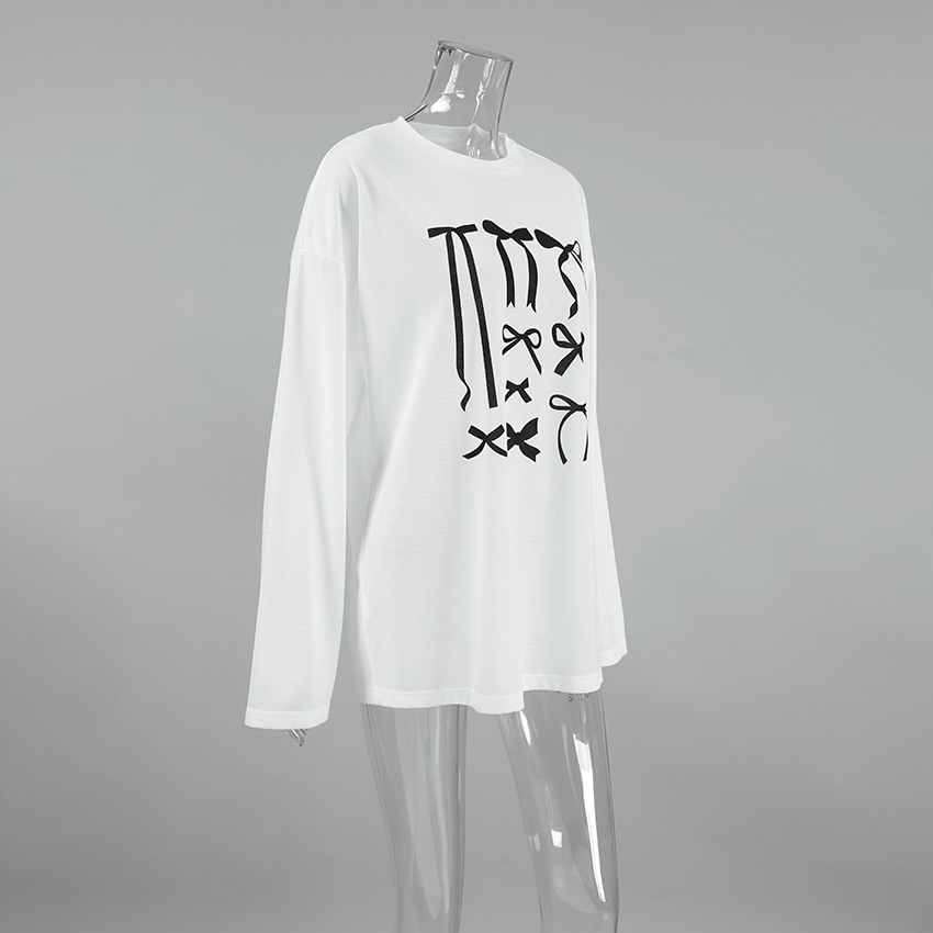 Round Neck Loose Pullover Bow Graffiti Print Casual T-shirt 2024 European And American Autumn And Winter Fashion New Style Inner Wear For Women Clothi