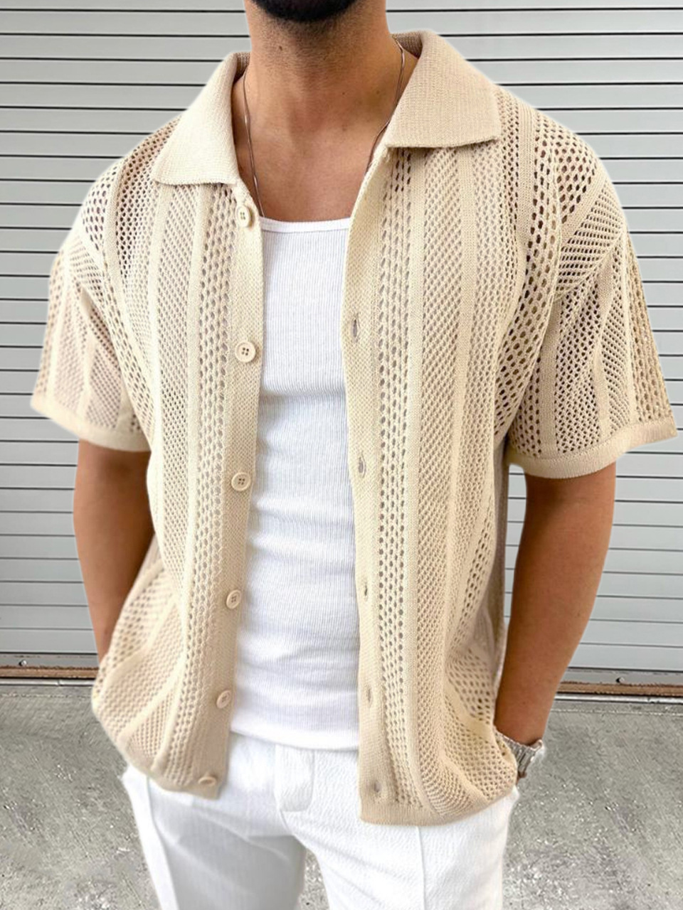 Vintage Knitted Hollow Out Shirts Men Fashion Button Lapel Short Sleeve Knit Shirt Summer Mens Knitwear Casual Solid Color Tops R240910