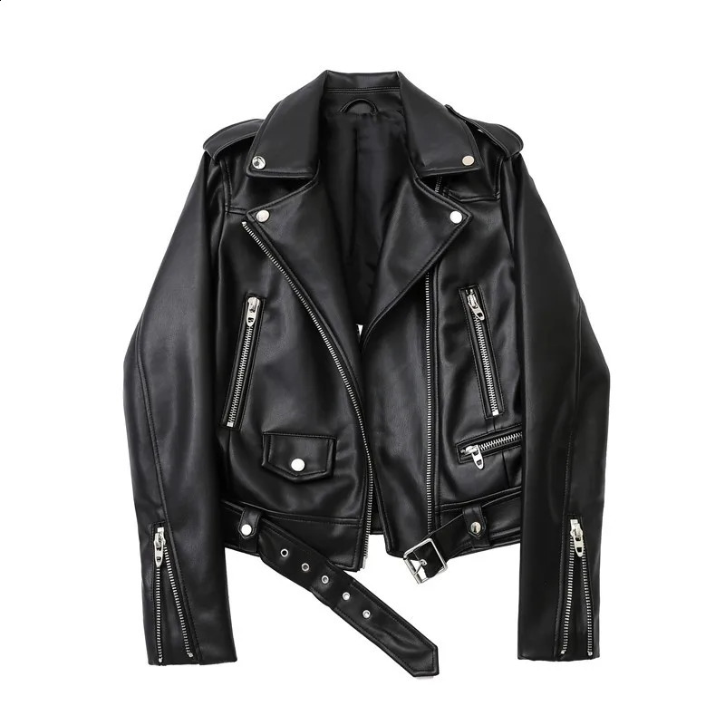 ZVRI Spring/Summer Artificial Leather PU Jacket with Womens Collar Motorcycle Jacket and Black Zipper Bicycle Jacket 240909
