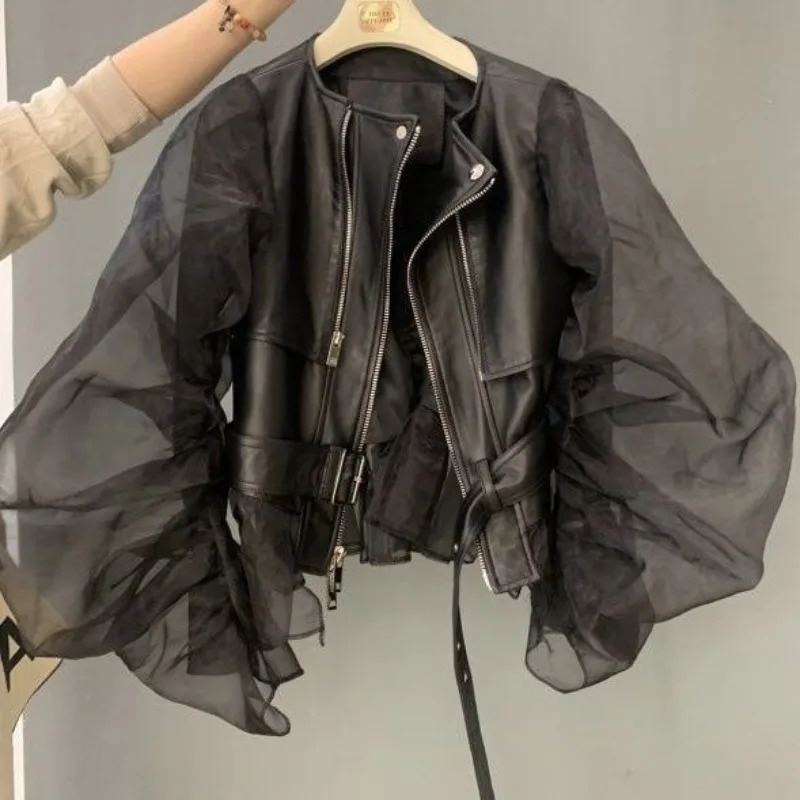 Short jacket womens Organza bubble sleeves ruffled fashionable leather jacket streetwear retro Y2k black artificial autumn 240909