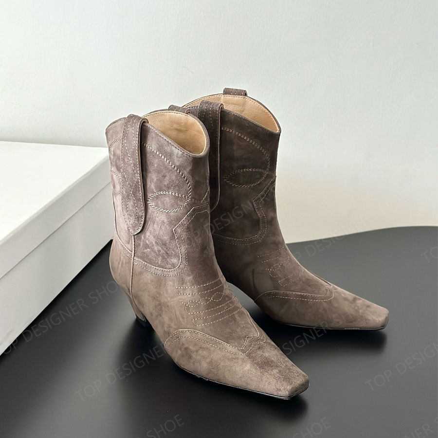 Designer shoes minimalism khaite boots square-toed Suede brown ankle low-heels Fashion Knight Boots Western for womens designer boots Factory footwear