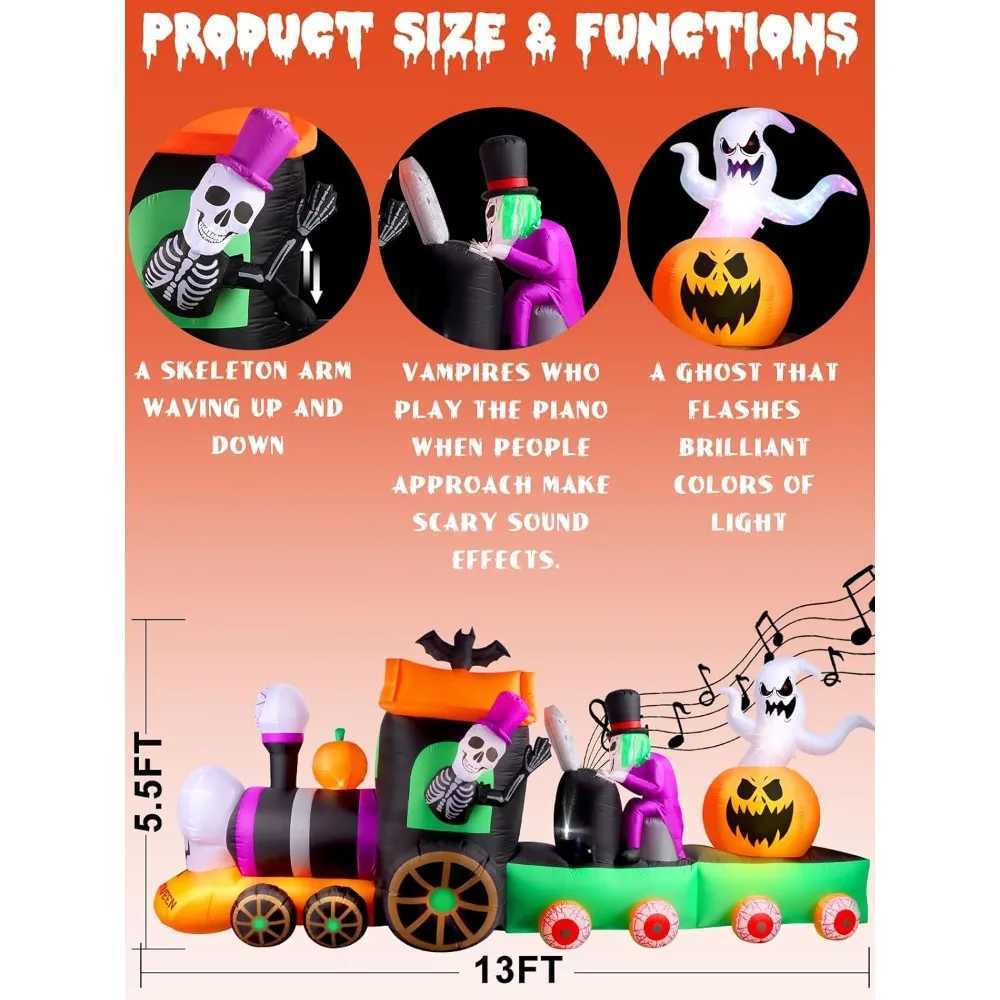 Halloween inflatable decoration blowing skeleton riding train ghost pumpkin with terrifying sounds built-in lights 13 feetX240910