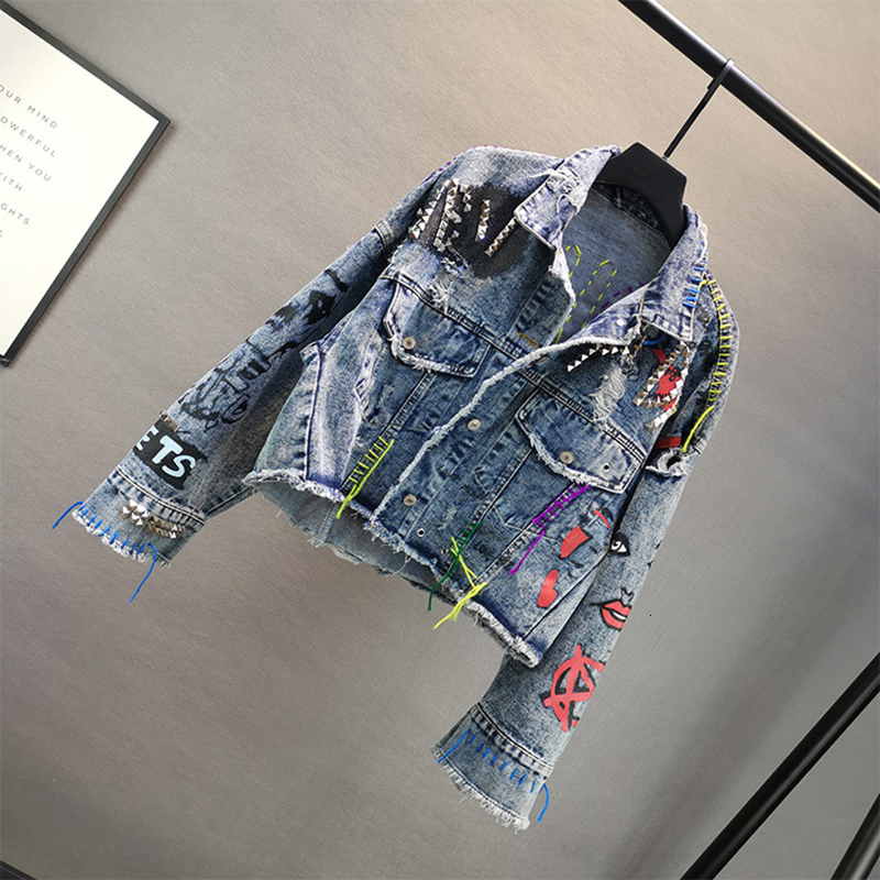 Manual Rivet Beaded Line Tassel Letter Graffiti Print Women Denim Jacket Spring Autumn 2023 Casual Hole Denim Jacket Veste Femme