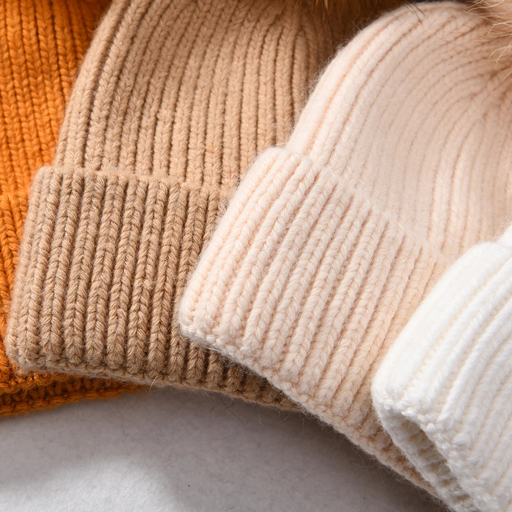 Jxwatcher Winter Hat Cashmere Knitted Beanie Big Real Fur Pom Beanie High Quality Girls Women Bonnet Winter Hats for Women 240910