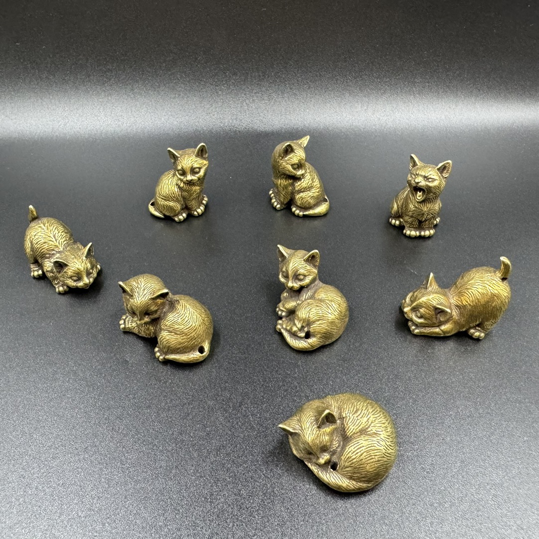 8 styles Brass Cute Cat figurines Miniature tabletop ornaments Classical small animal home decoration accessories