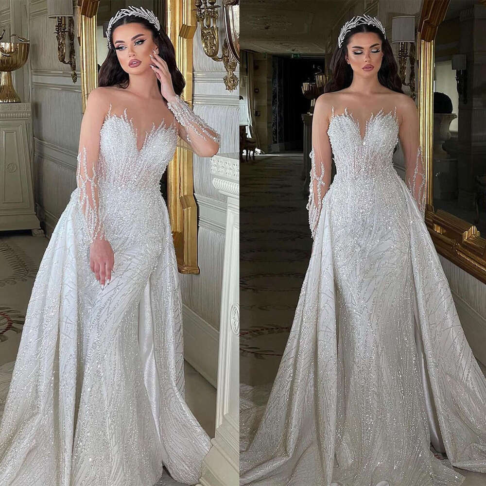 Fashion Mermaid Wedding Dresses With Detachable Train Sequine Beading Bridal Gowns Custom Made Robes De