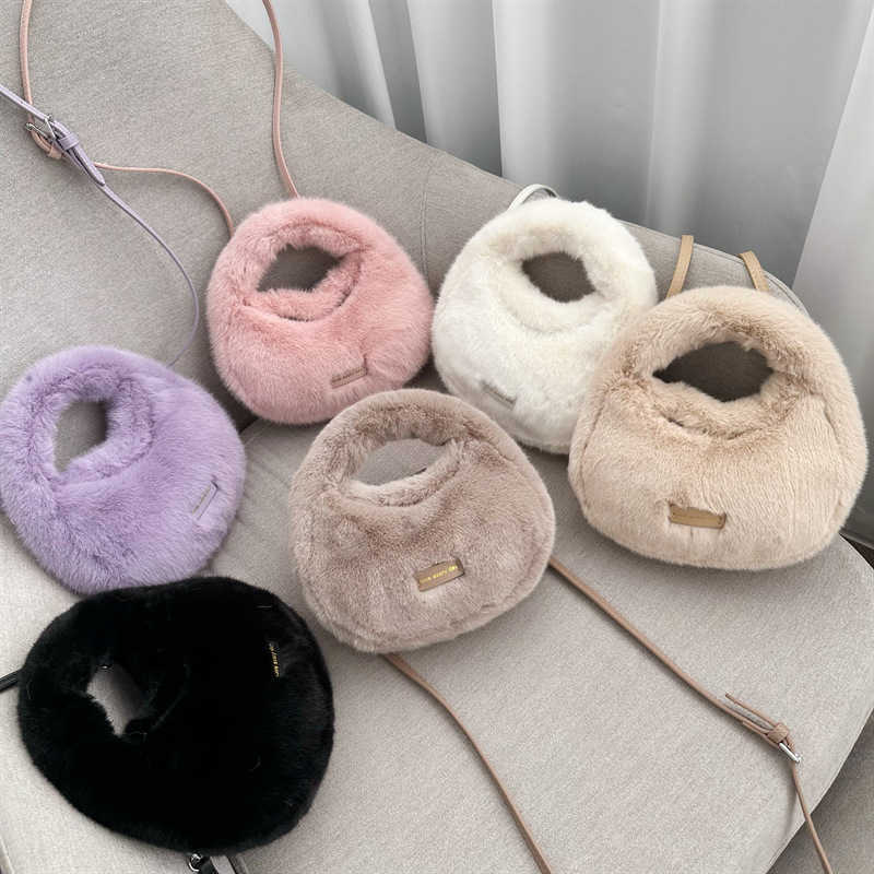 CMM Autumn winter plush handbag imitation mink fur women's small round bag shoulder strap crossbody bags dumpling bag 240915