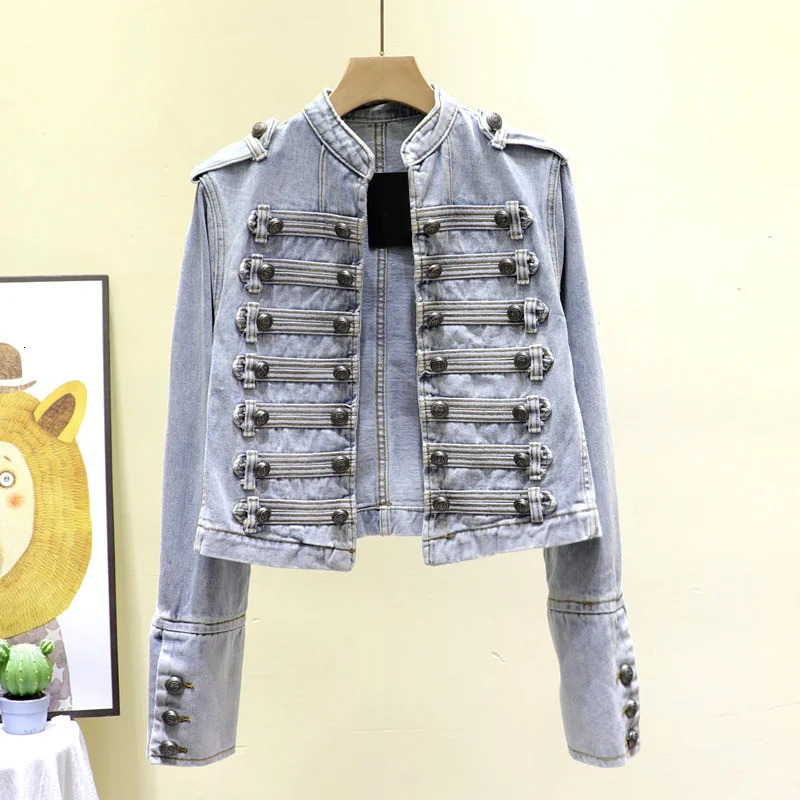 Retro Military Style Handsome Stand Collar Denim Jackets Female Double-breasted Wild Slim Short Denim Jackets Women Outerwear