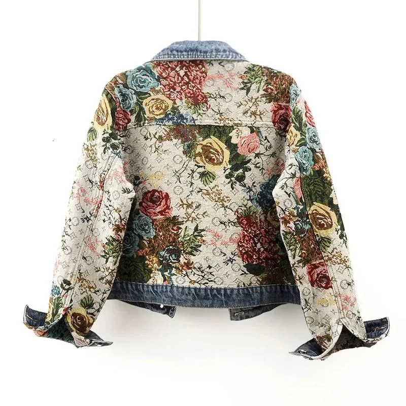 2024 Spring Autumn New Print Denim Jacket Splicing Long Sleeve Lapel Pocket Denim Tops Women's Short Jacket Fashion Cowgirl Coat