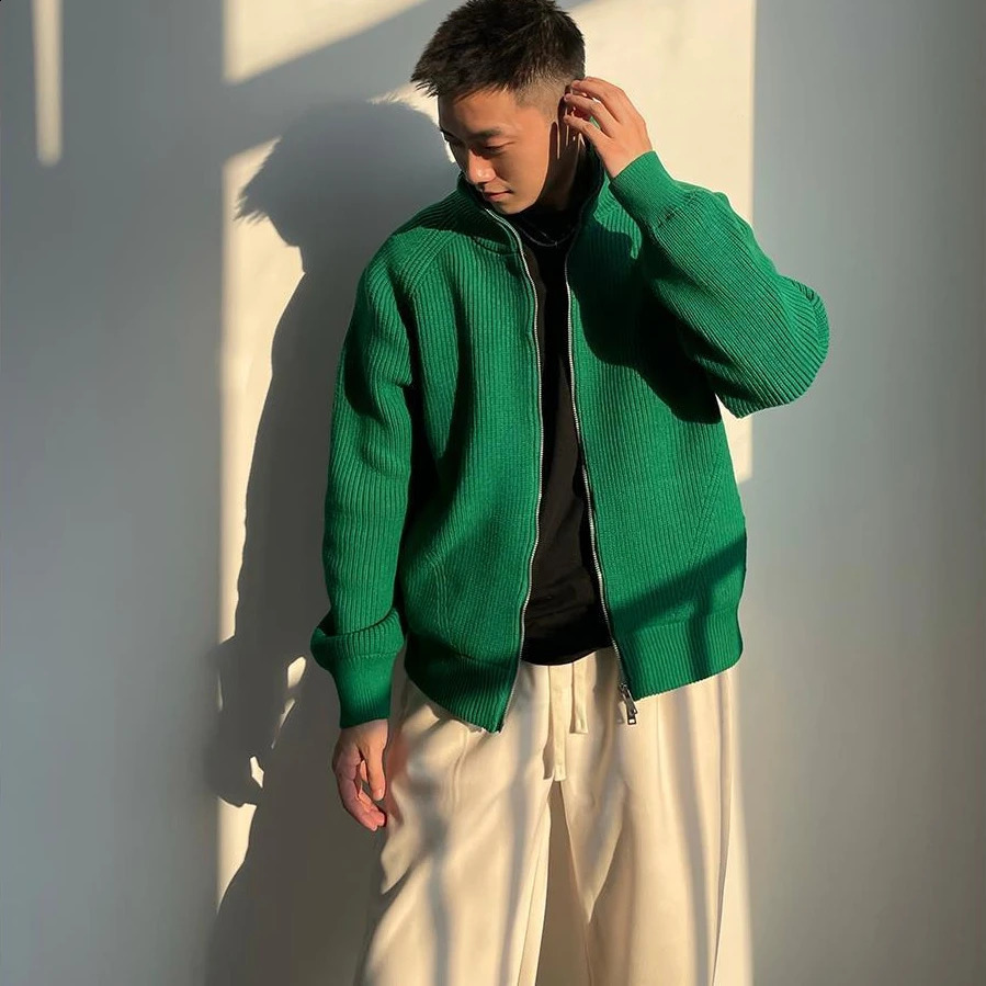 Men Spring Autumn Fashion Zipper Knitted Jackets Male Solid Color Cardigan Coats Men Loose Casual Sweater Outerwear L207 240909