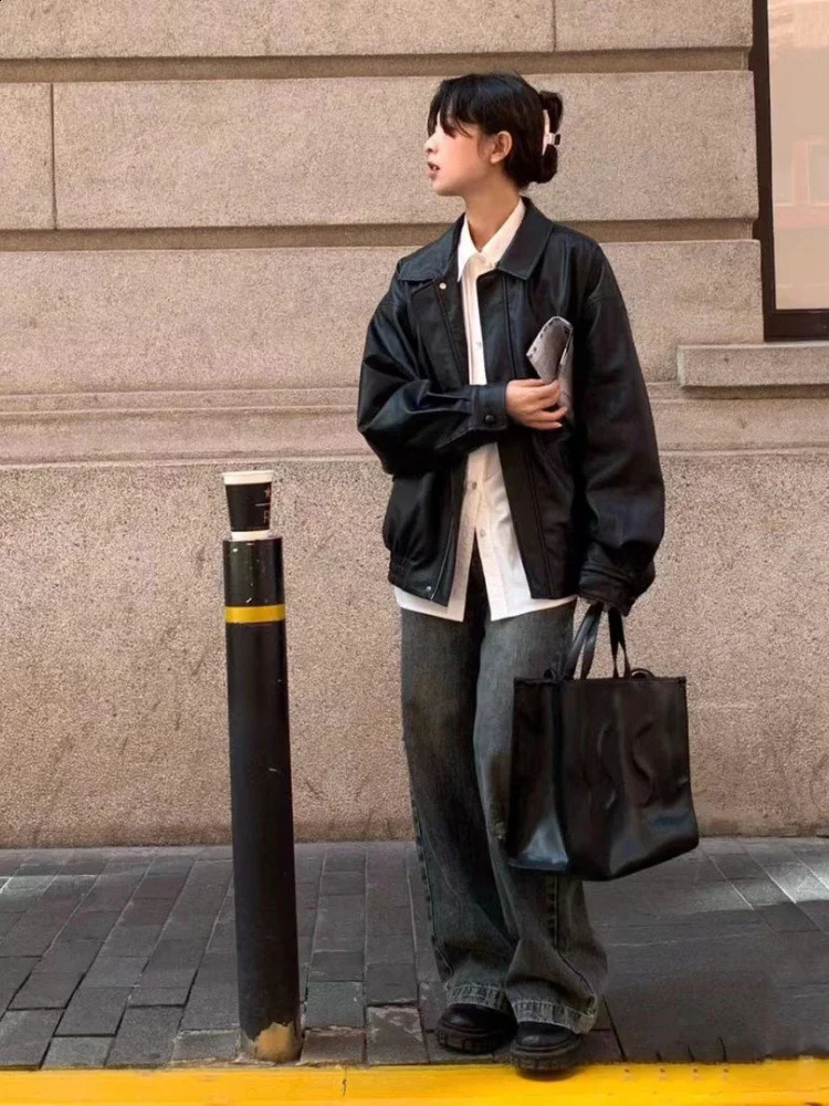 Retro PU leather jacket for women High Street Techwear oversized motorcycle BF punk loose casual cut 240906