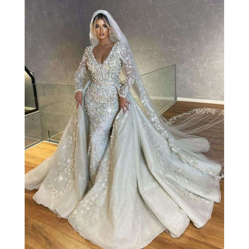 White Exquisite Wedding Dress Pearls Appliques Bridal Gowns Custom Made V Neck Long Sleeve Detachable Train Vestido De Novia estido