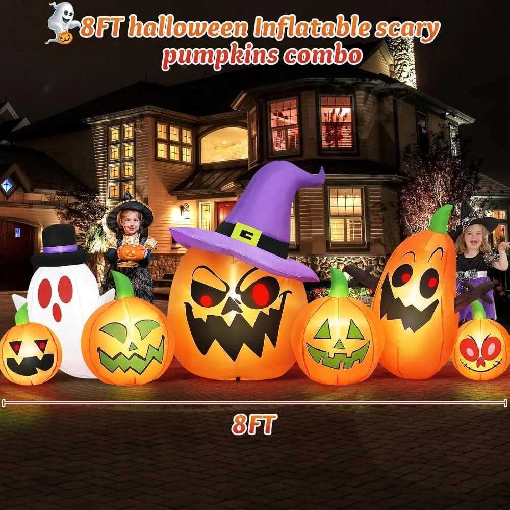 8-foot long Halloween inflatable outdoor decoration haunted inflatable pumpkin with witch hat and ghost combination blowing courtyardX240910