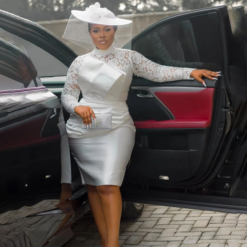 Short Wedding Dresses for Women Bride Lace Long Sleeves Short Gowns High Collar Knee Length Sheath Bridal Dress