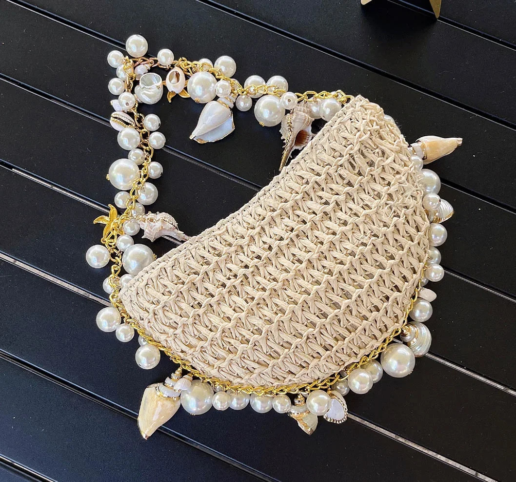 Fashion Pearl Straw Cross Body er Bohemian Lattan Beach Womens Shoulder Messenger Bag Handbag 240904 87b8