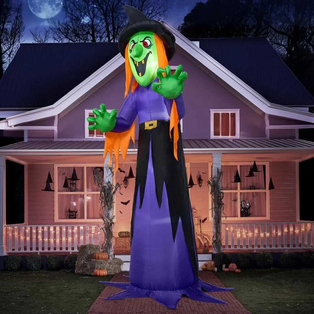 12 foot giant Halloween inflatable witch with built-in LED lights a hair blowing horror witch for outdoor decoration Halloween courtyardX240910