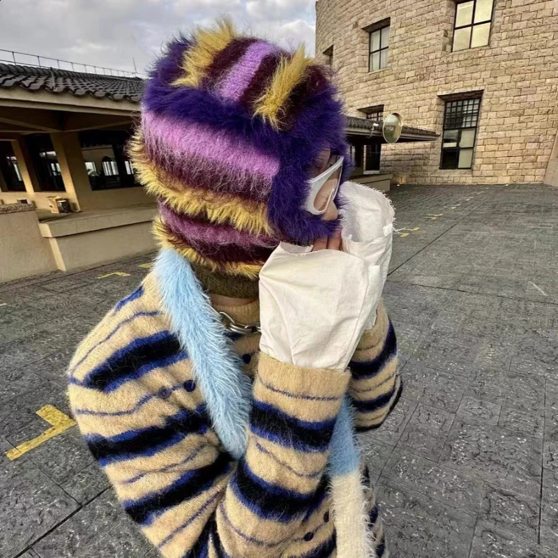 Wool Blended Plush Balaclava Contrast Color Fluffy Knitted Women Winter Retro Neck Protector One Skullies Beanies Wholesale 240910