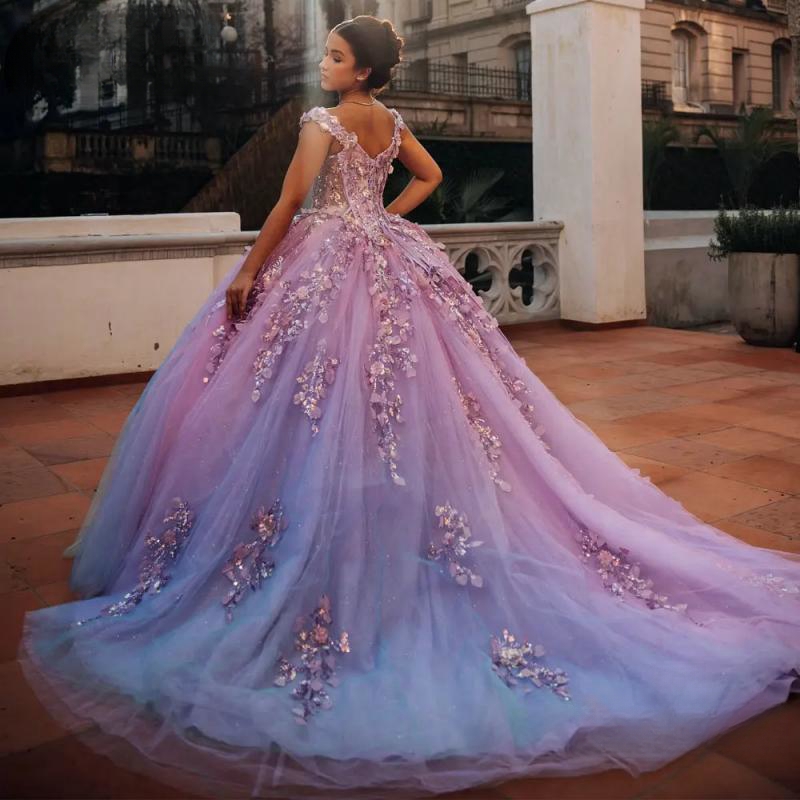 Lilac Illusion Sequined Appliques Lace Quinceanera Dresses Ball Gown 3D wers Tull Sweet 16 Dress Birthday Party Vestido De 15 Anos
