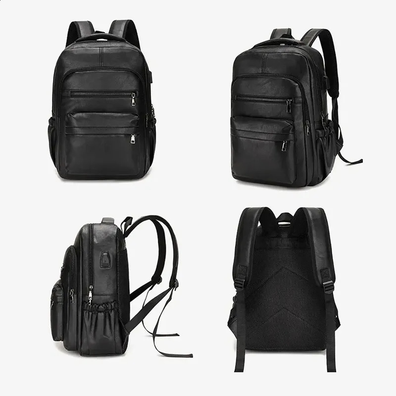 Retro USB Charging PU Leather Backpack Mens Large Capacity School Bag Youth Backpack Multi functional Travel Laptop Bag 240907