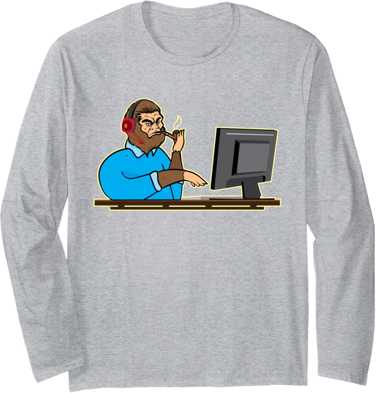 Long Sleeve Shirts for Men sweatshirt Funny Bigfoot Computer Typist Workaholic Gift Long Sleeve Tee Streetwear Casual tops clothes