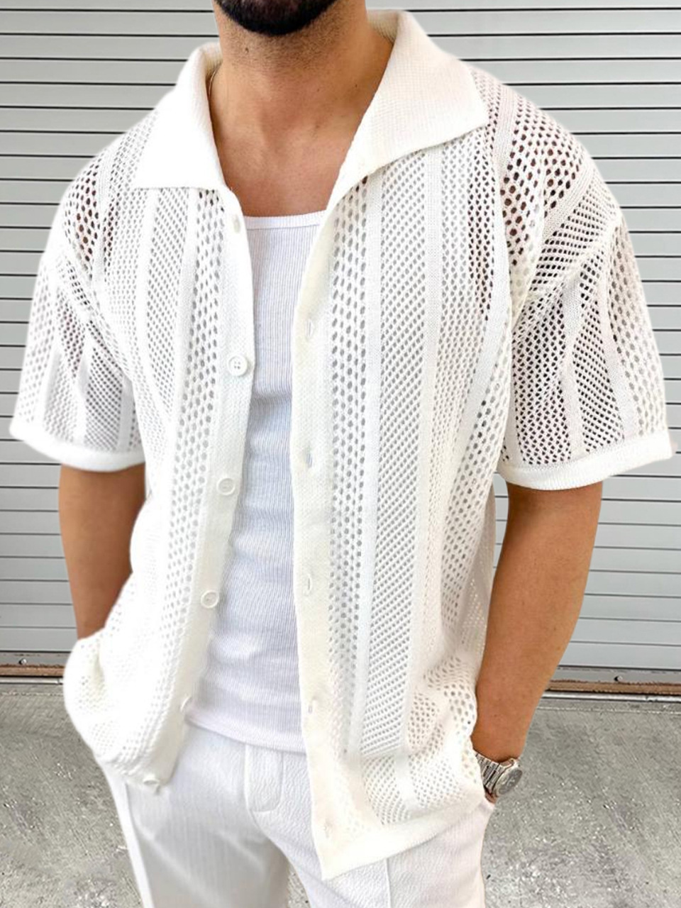 Vintage Knitted Hollow Out Shirts Men Fashion Button Lapel Short Sleeve Knit Shirt Summer Mens Knitwear Casual Solid Color Tops R240910