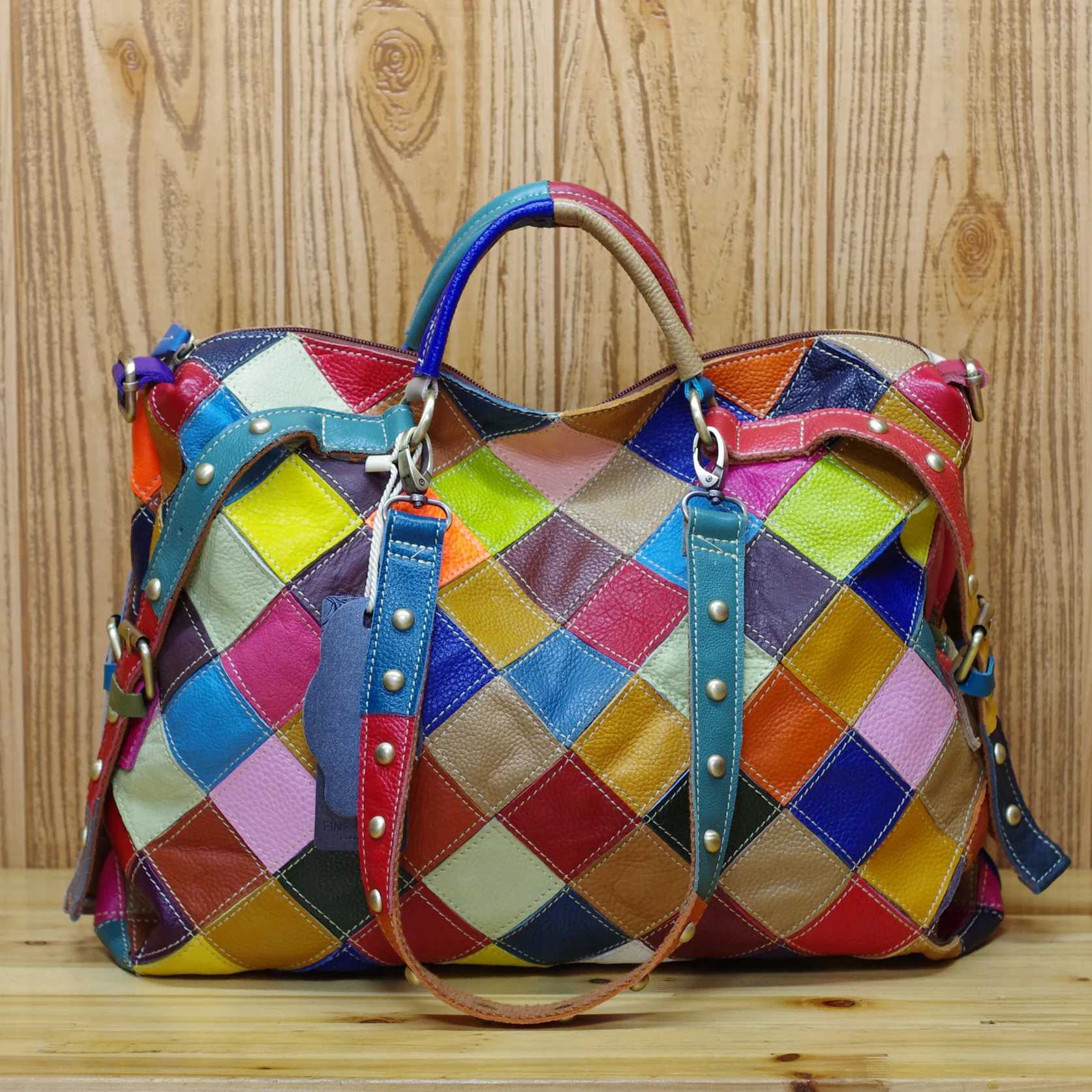 CMM Leather Cowhide Color Random Plaid National Style Handbag Shoulder Crossbody Bag Tote 240910
