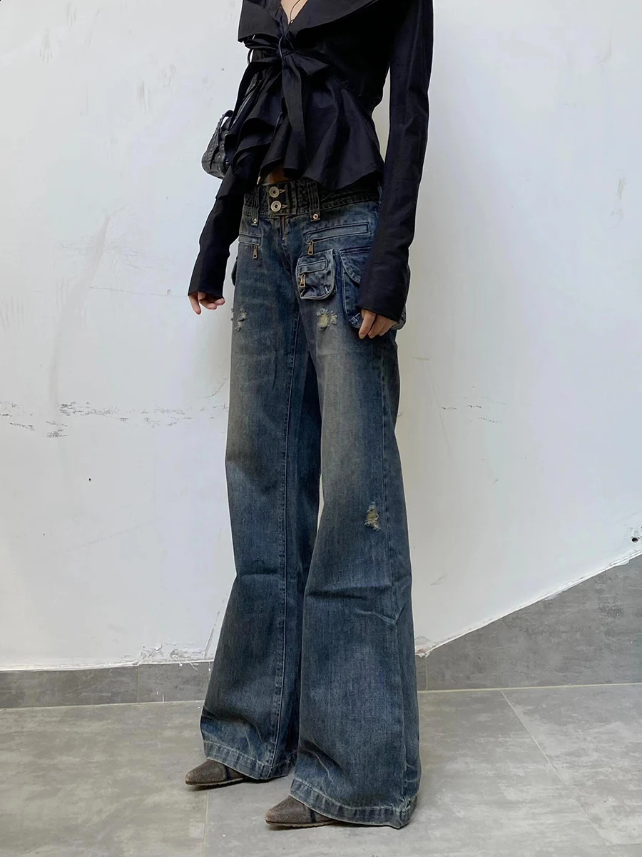 REDDACHiC Grayu Y2k Women Wide Leg Cargo Jeans Multi-pocket Flare Low Waist Distressed Ripped Bootcut Pants Vintage Streetwear 240906