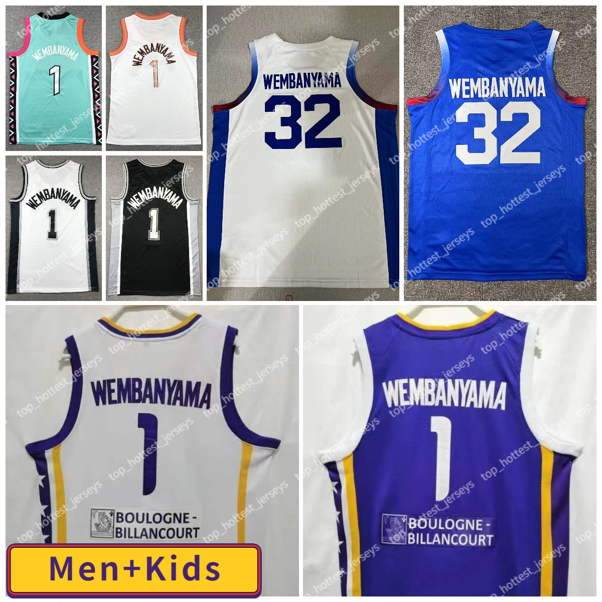 1 Kids Victor Wembanyama Basketball City Jersey France 32 Wembanyama Blue White Men Stitched Jerseys Stitched Printed Black White