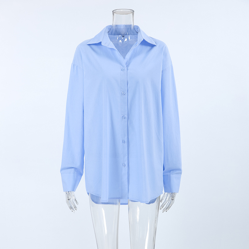 Fresh Blue Autumn Shirt Niche Design Pure Cotton Versatile Lazy Casual Lapel Long Sleeve Women's Shirt 2024 Street Fashion Loose Tops Office Lady