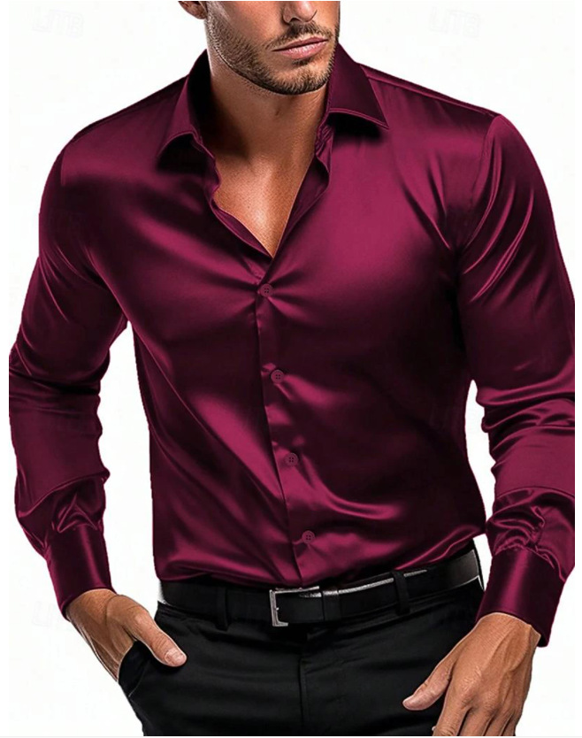 New business gentleman social fashion design shirt top Mens satin party slim fit dress shirt long sleeve dress wedding blouse top black white red blue